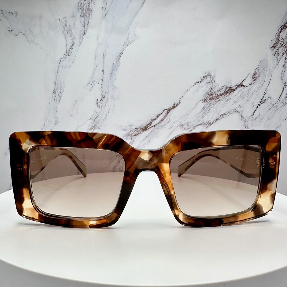 New PRADA Sunglasses Brown Beige Caramel Tortoise Gold Symbole Womens Rectangle - Picture 2 of 16
